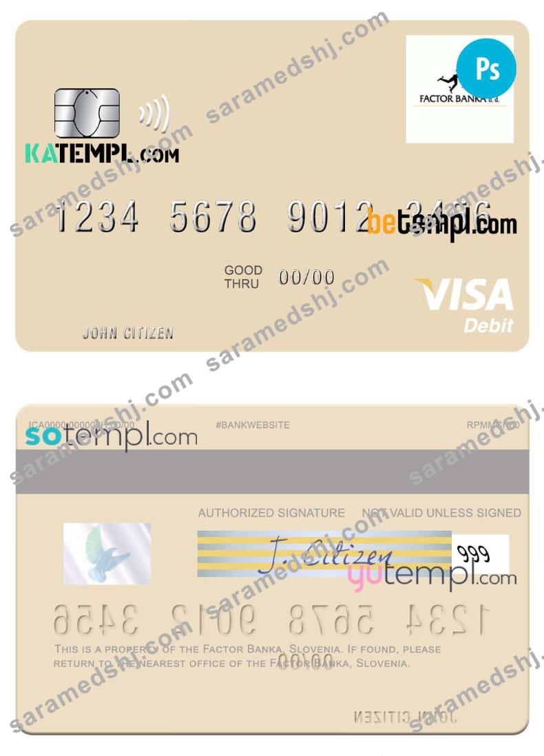 Slovenia Factor Banka visa debit card template in PSD format